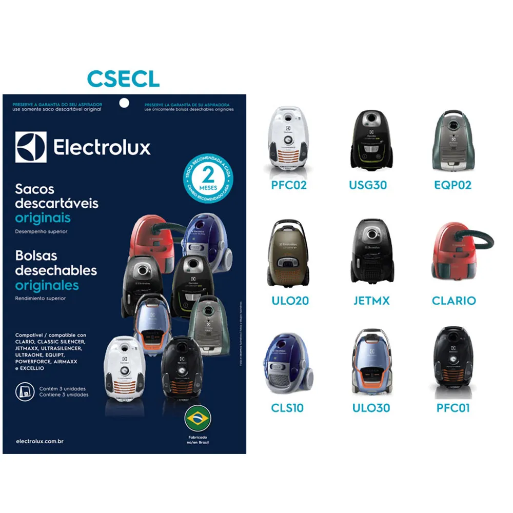 Kit c/ 3 Sacos Descartáveis para Aspiradores de Pó Modelos: Clario, Classic Silencer, Jetmaxx, Ultrasilencer, Ultraone, Equipt e Powerforce (SBECL)