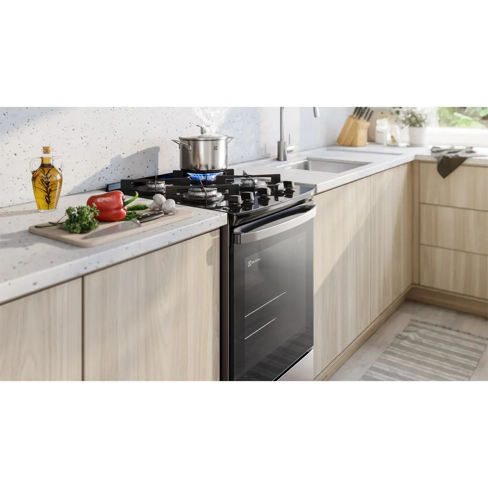 Fogão 4 bocas Electrolux Prata Efficient com Mesa de Vidro, Tripla Chama e VaporBake (FE4GS)