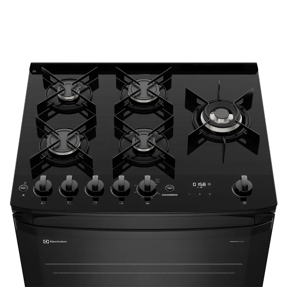 Fogão 5 bocas Electrolux Preto Experience c/ Mesa de Vidro, Grill e PerfectCook360 (FE5CP)