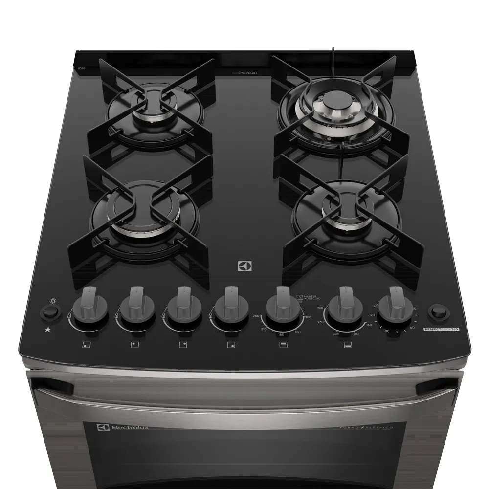 Fogão 4 bocas Electrolux Cinza Experience com Mesa de Vidro, Duplo Forno e PerfectCook360 (FE4DC)