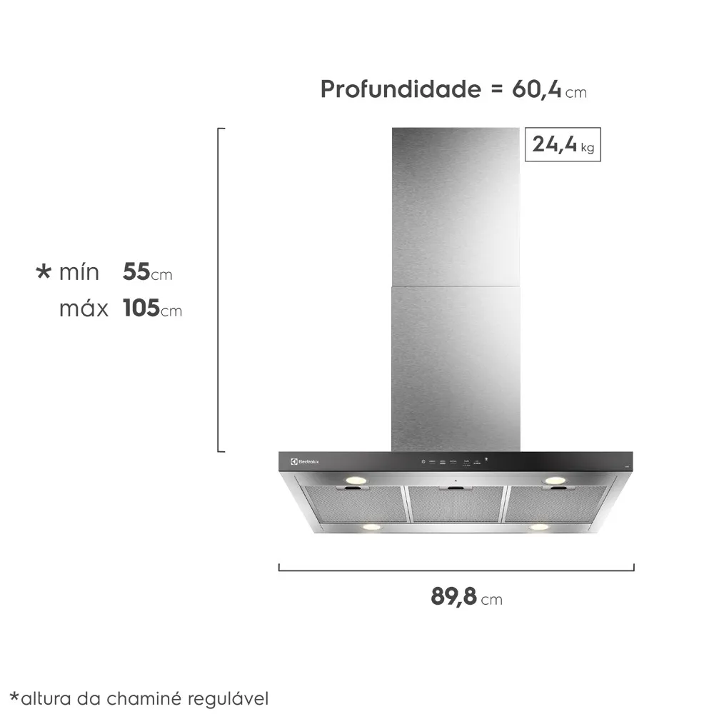 Coifa de Ilha Electrolux 90cm Inox Experience com Inteligência Artificial e Alto Poder Sucção (CE9IF)