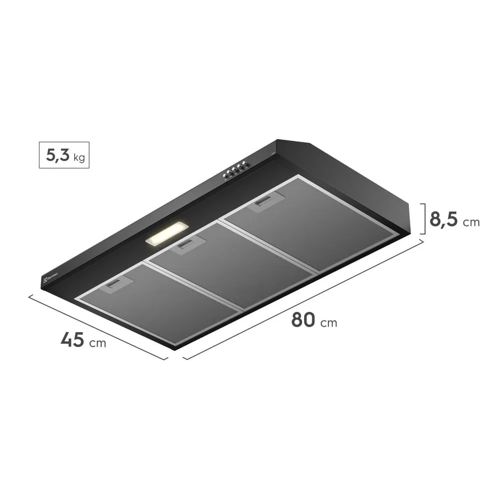 Depurador de Ar Electrolux 80cm Preto Alto Poder de Sucção, Luz LED e Filtragem Dupla (DE8SB)