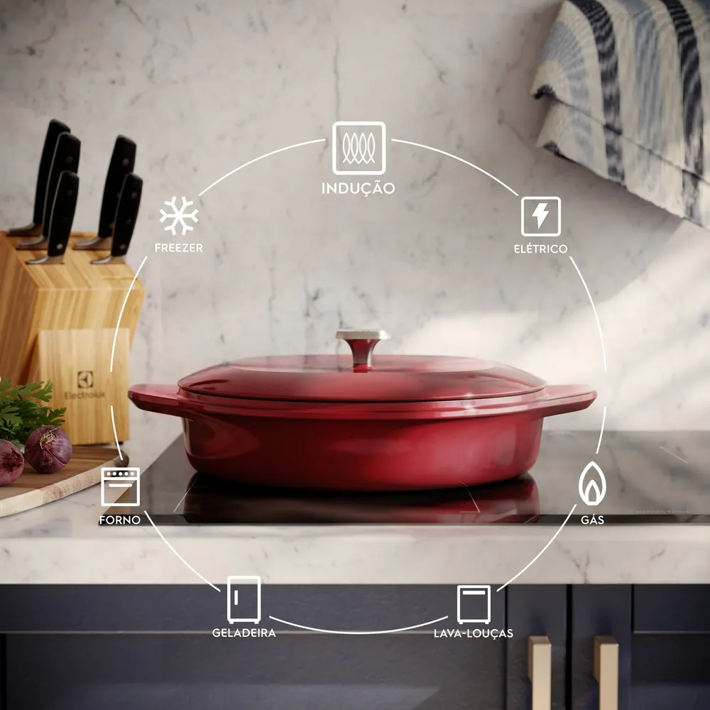 Panela Wok de Ferro Fundido Esmaltado Electrolux Expert 30cm Vermelha